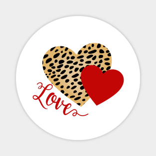 Red and Cheetah Pattern Hearts with Love Text Magnet